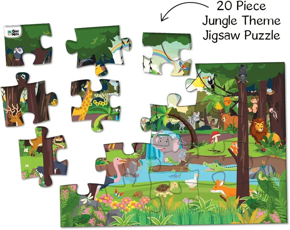 GiniMini Jungle Jumble 3-in-1 Jigsaw Puzzle - 20 Pieces, Image Hunt & Guess & Go Cards - Fine Motor, Cognitive, Vocabulary Skills for Kids 3+ Years