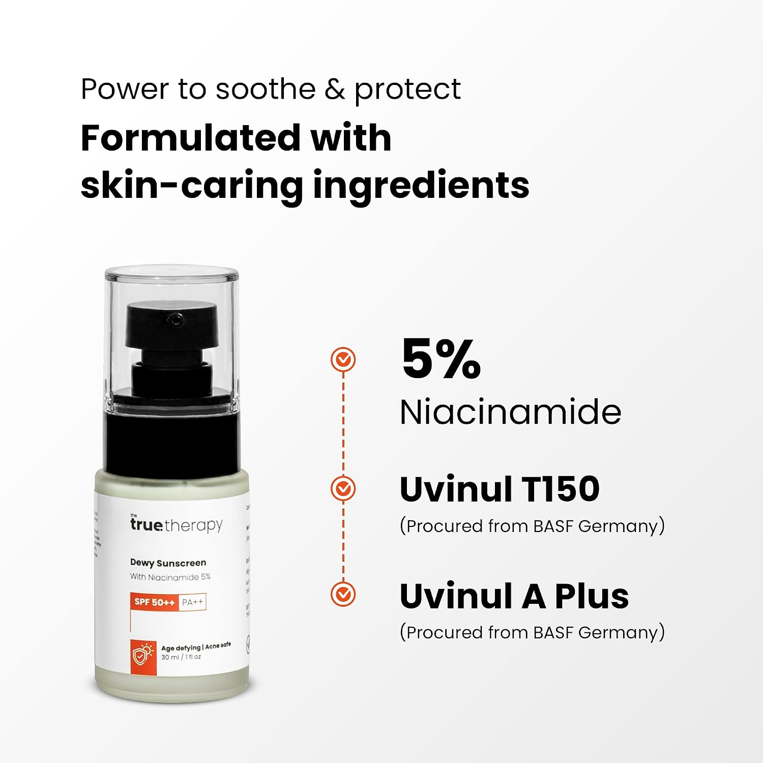 The True Therapy Dewy Sunscreen for Women & Men, SPF 50++ PA++ Body Sunscreen, 5% Niacinamide Sun Block, Acne Safe, Lightweight Sunscreen Lotion, No Harmful Ingredients Skin Care (30ml)
