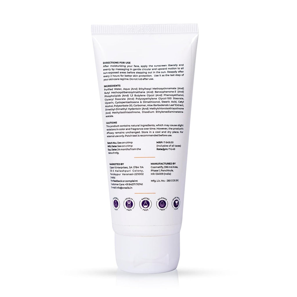 OrÃ©alis Sunscreen Cream 100gm with UVA UVB PA+ Protection | Moisturizer with Aloe Vera | Broad Spectrum Lightweight Non-Greasy Face Sunscreen for All Skin Types Men & Women