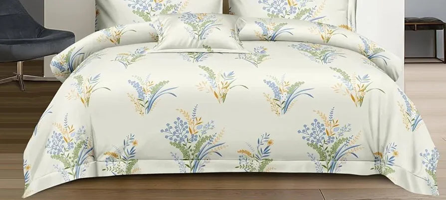 The Home Style 400 TC Cotton Printed All Around Elastic Fitted Queen Size Double Bed Bedsheet with 2 Pillow Cover II 170GSM Ivory Cream