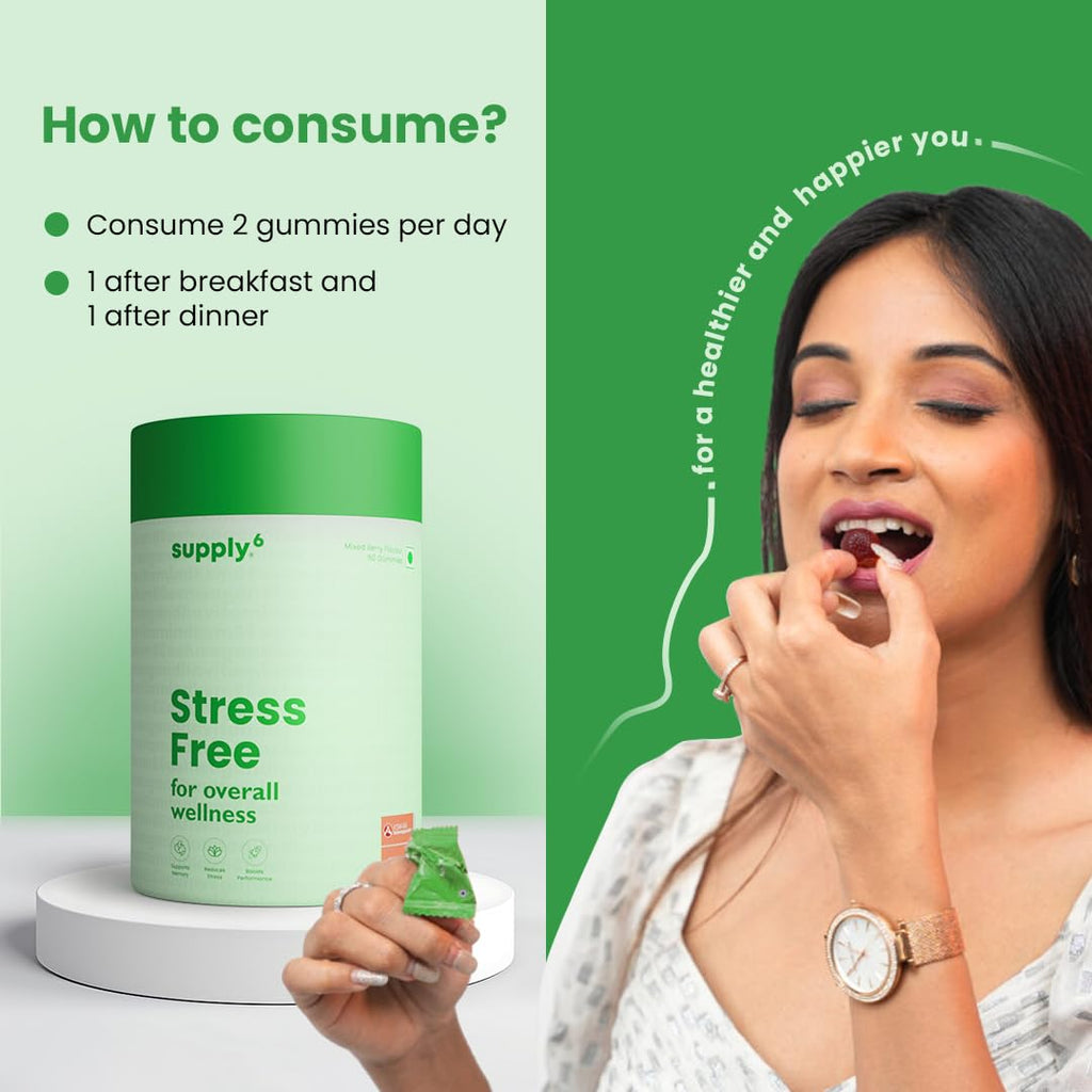 SUPPLY6 Stress Free Gummies with world's strongest KSM-66 Ashwagandha | Sleep Quality, Stress Relief, Boost Performance | Mixed Berry, Plant Based, Gluten-Free & Gelatin Free, 60 Gummies