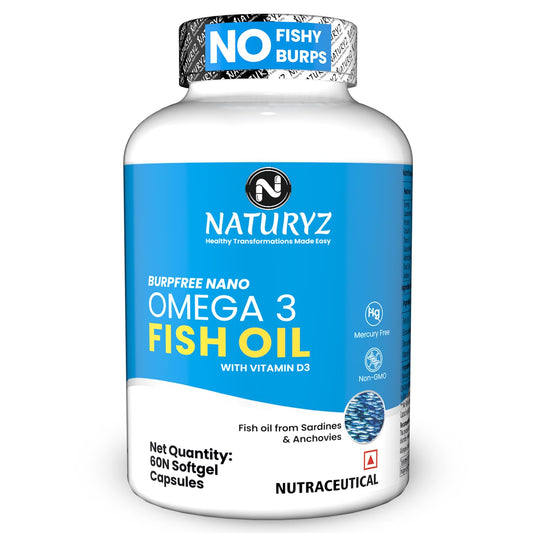 Naturyz Burpfree Omega 3 Fish Oil 2000 Mg With Vitamin D3,No Fishy Burps,Extracted From Sardines & Anchovies,Epa & Dha,Nano Emulsion Capsules For Faster Absorption-60 Softgels