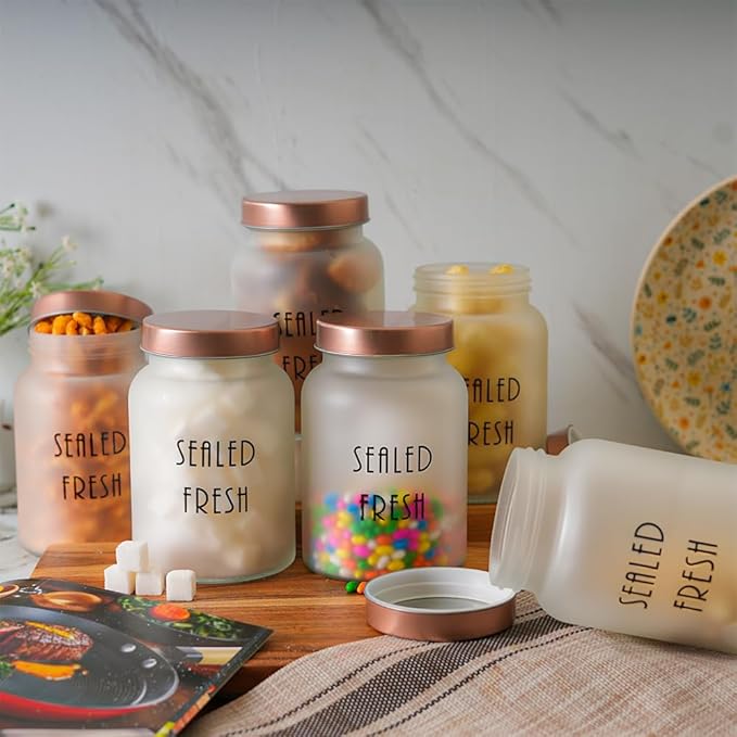Femora Kitchen Storage Jars Frosted Glass Jar With Steel Lid Air Tight Jar | 1000 Ml | Pack of 6 | Golden Lid