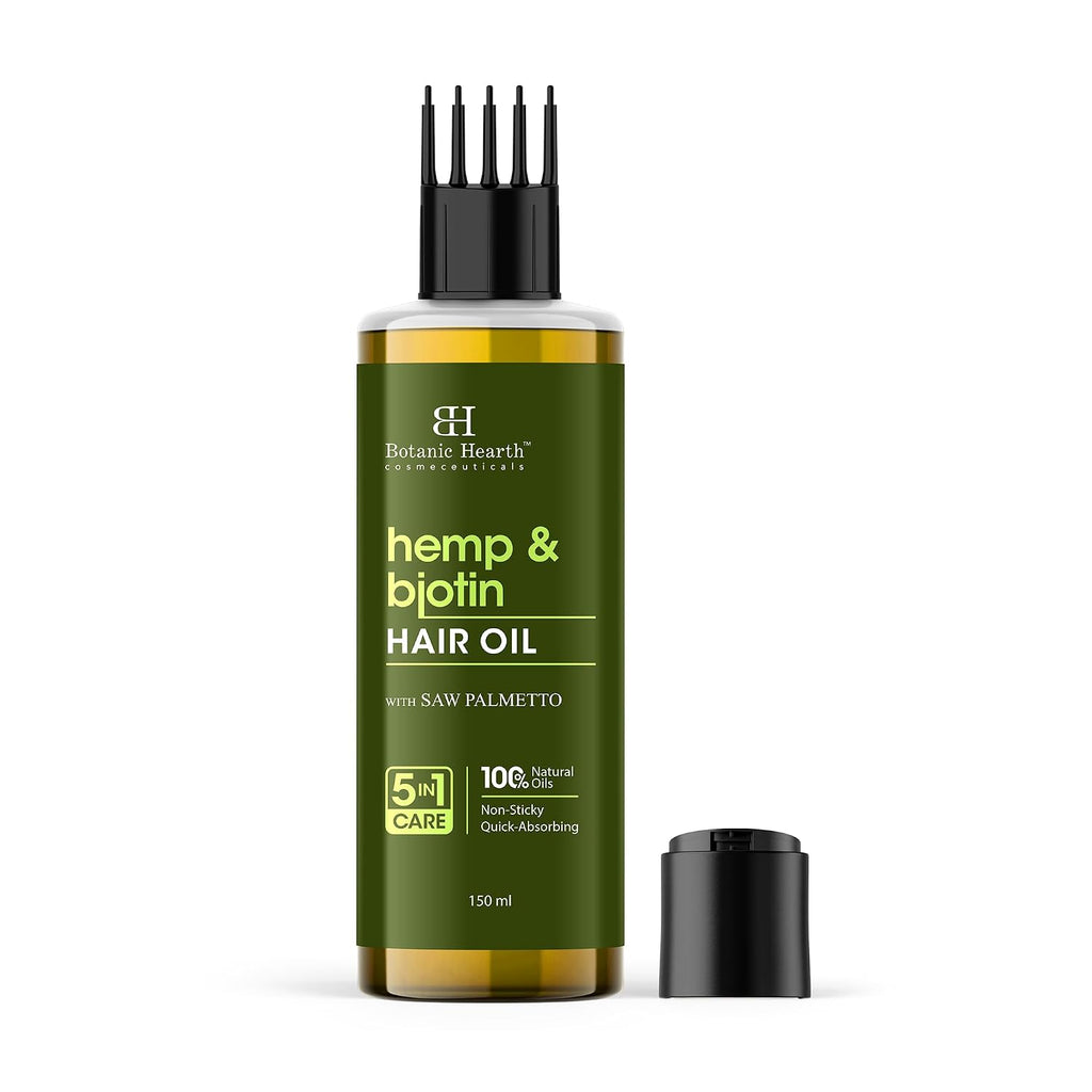 Botanic Hearth Hemp & Biotin Hair Oil for Hair Growth & Strength with Saw Palmetto – 150ml, Non-Sticky & Fast-Absorbing – 100% Natural Oils for Healthy Scalp & Hair – with Hair Oil Applicator
