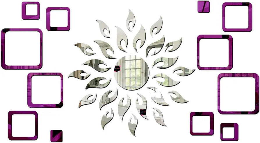 Bikri Kendra Ind Sun Silver with 12 Square Purple Mirror Stickers for Wall Decor Stickers Acrylic