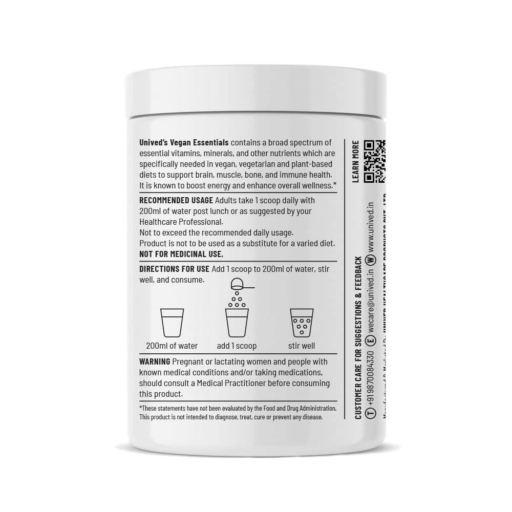 Unived Vegan Essentials | Formulated for those on a Plant-Based diet | Adequately dosed Key Vitamins, Minerals, Supergreens, and Amino Acids | 30 Servings