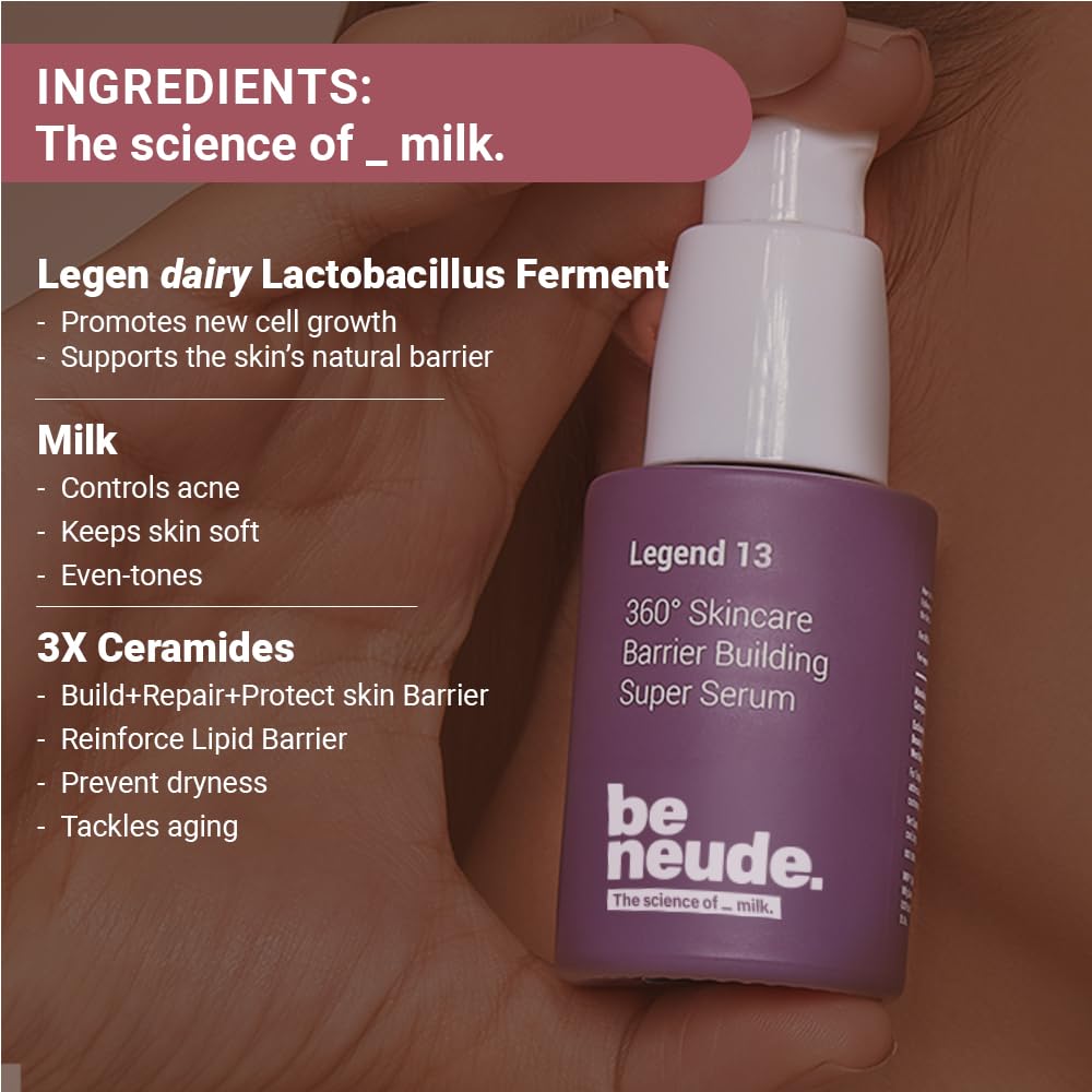 Be Neude Legend 13 Super Face Serum 30ml with 3x Ceramides, Lactobacillus Ferment, Alpha Arbutin, Rice Water, 13 Multiactives for Barrier Building Re-texturing & Hydration, pH 5.5, for All Skin Types
