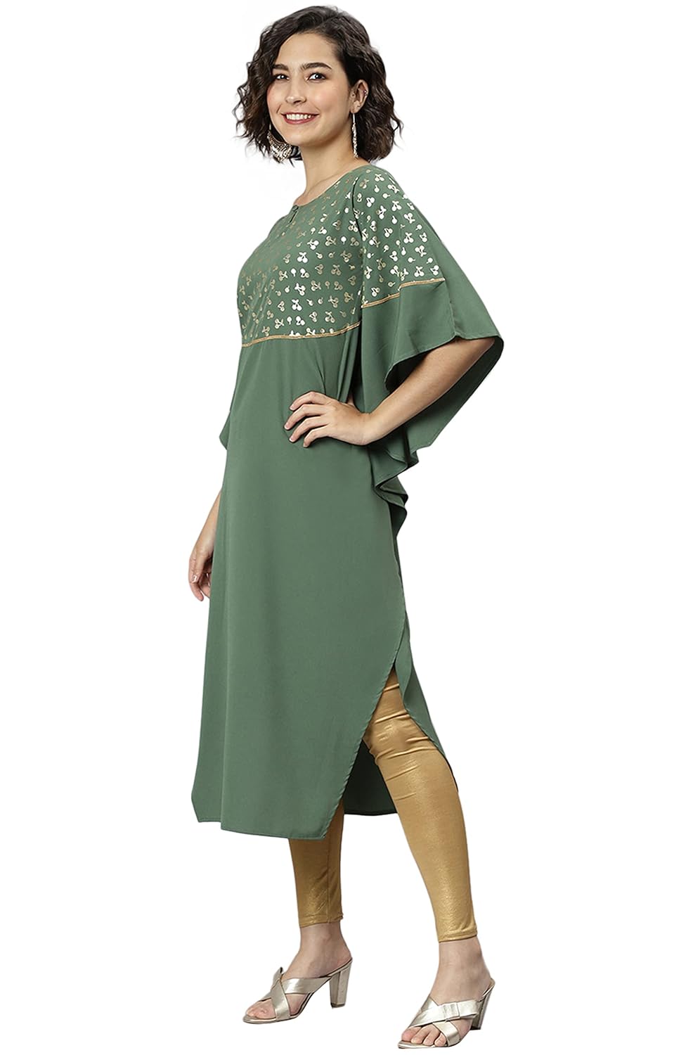 Janasya Women's Green Poly Crepe Printed Kaftan