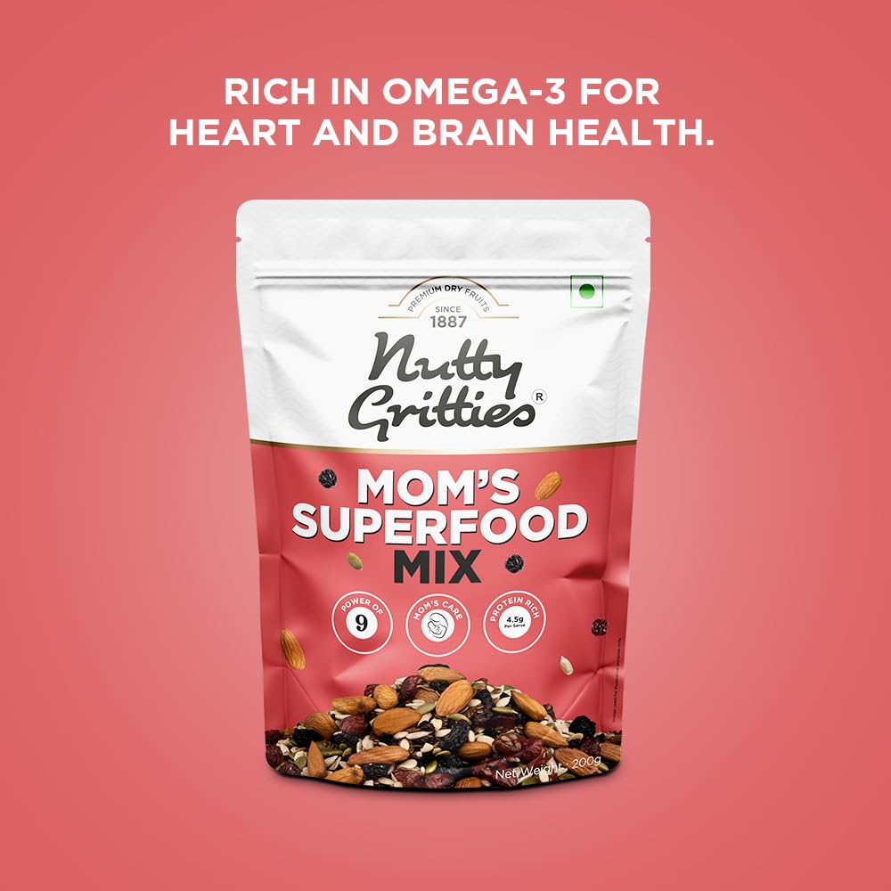 Nutty Gritties Mixed Nuts Dry Fruits - Mom's Superfood Mix - Roasted Almond, Pumpkin, Sunflower, Watermelon, Flax, Raisins, Black Currant, Cranberries, Blueberries, 200g