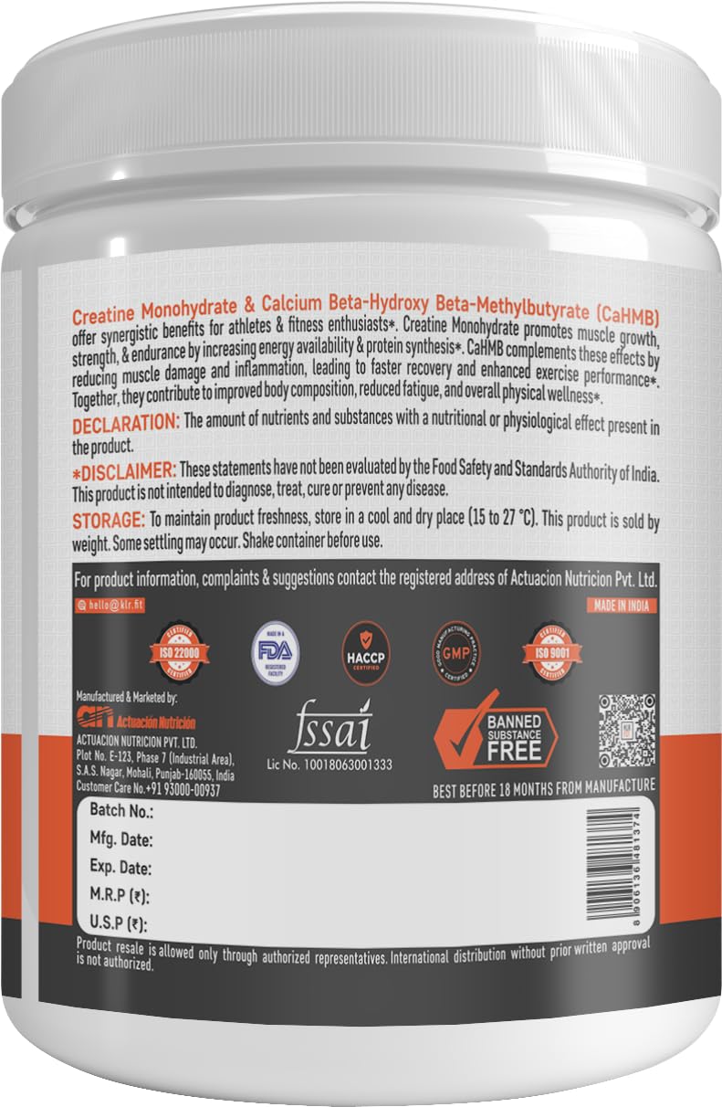 Creatine + HMB Supplement -3 gm Creatine Monohydrate Powder with 3gm HMB for Muscle Growth, and Enhances Performance, Improve Workout Recovery- 33 Servings, Unflavored