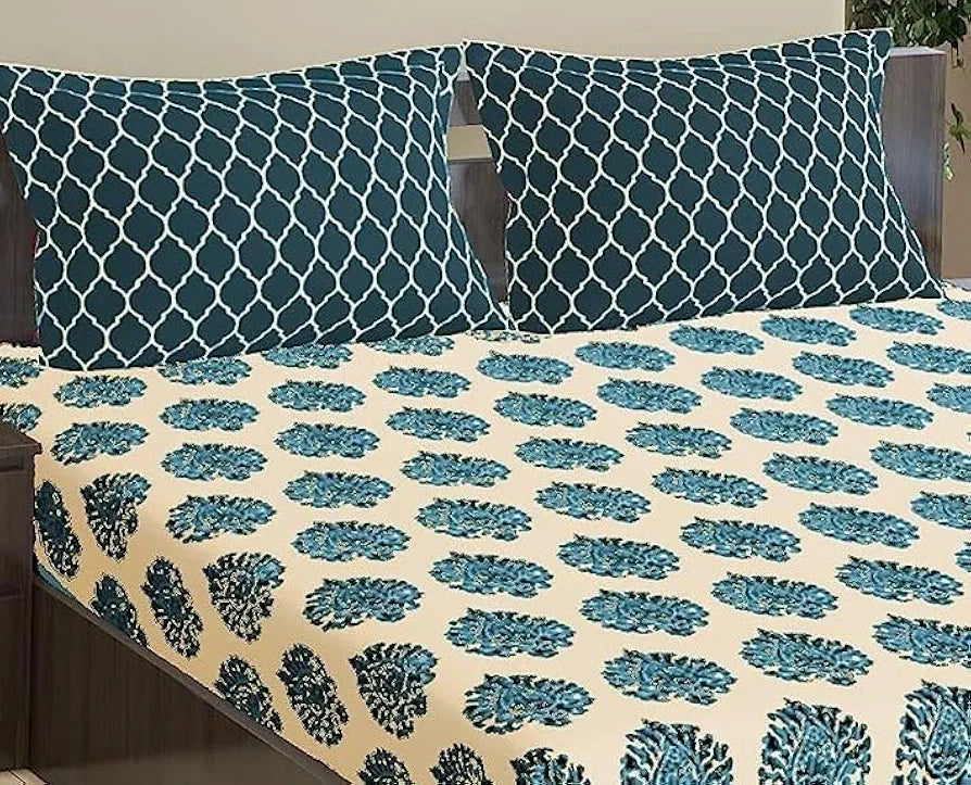 Trance Home Linen 200TC 100% Cotton Elastic Fitted Bedsheet Printed Queen Bed Size with 2 Pillow Covers Damask & Dori Colour Blue