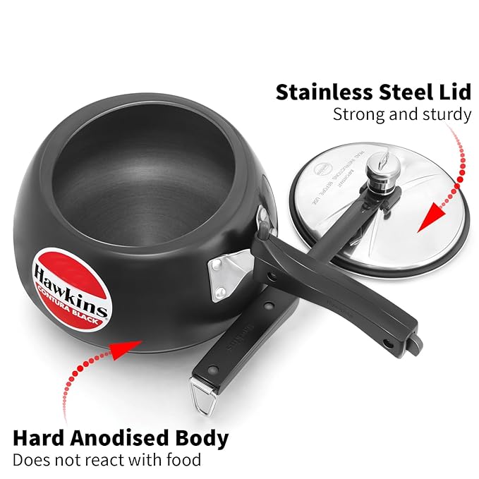 Hawkins 2 Litre Contura Black Pressure Cooker Hard Anodised Inner Lid Cooker Handi Cooker Small Cooker Black