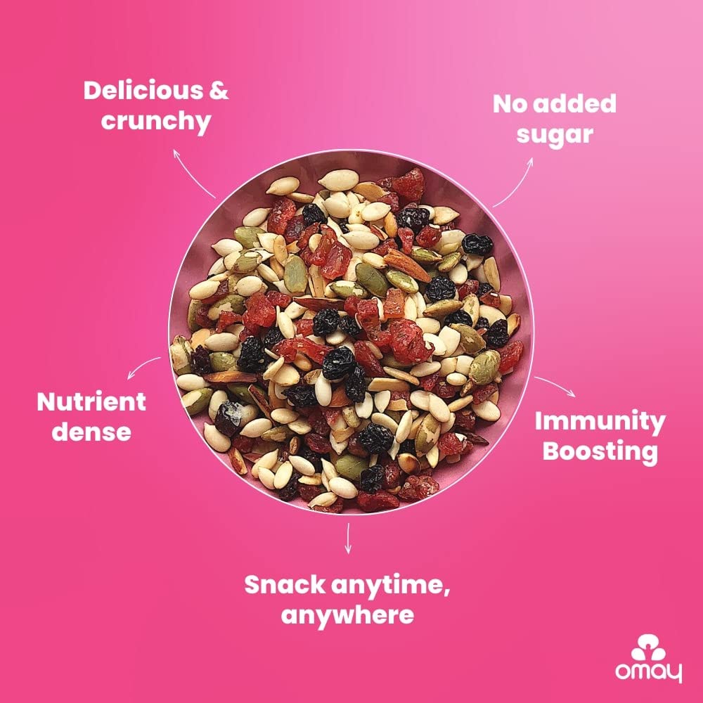 Omay Foods Strawberry Blast Trail Mix, 160g Jar | Dried Strawberry and Black Currant | Roasted Almonds, Pumpkin and Watermelon Seeds | Antioxidant Rich | Healthy Snack | Seeds and Berries Mix