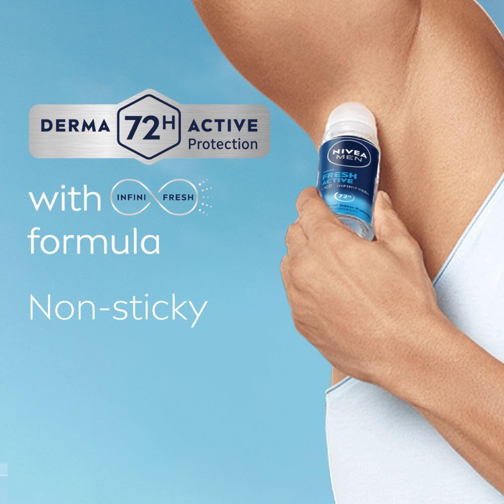 NIVEA MEN Fresh Active 50ml Deo Underarm Roll On | With Fresh Ocean Extracts Scent| 72 H Freshness| 0% Alcohol | Dermatologically Approved & Paraben Free Formula