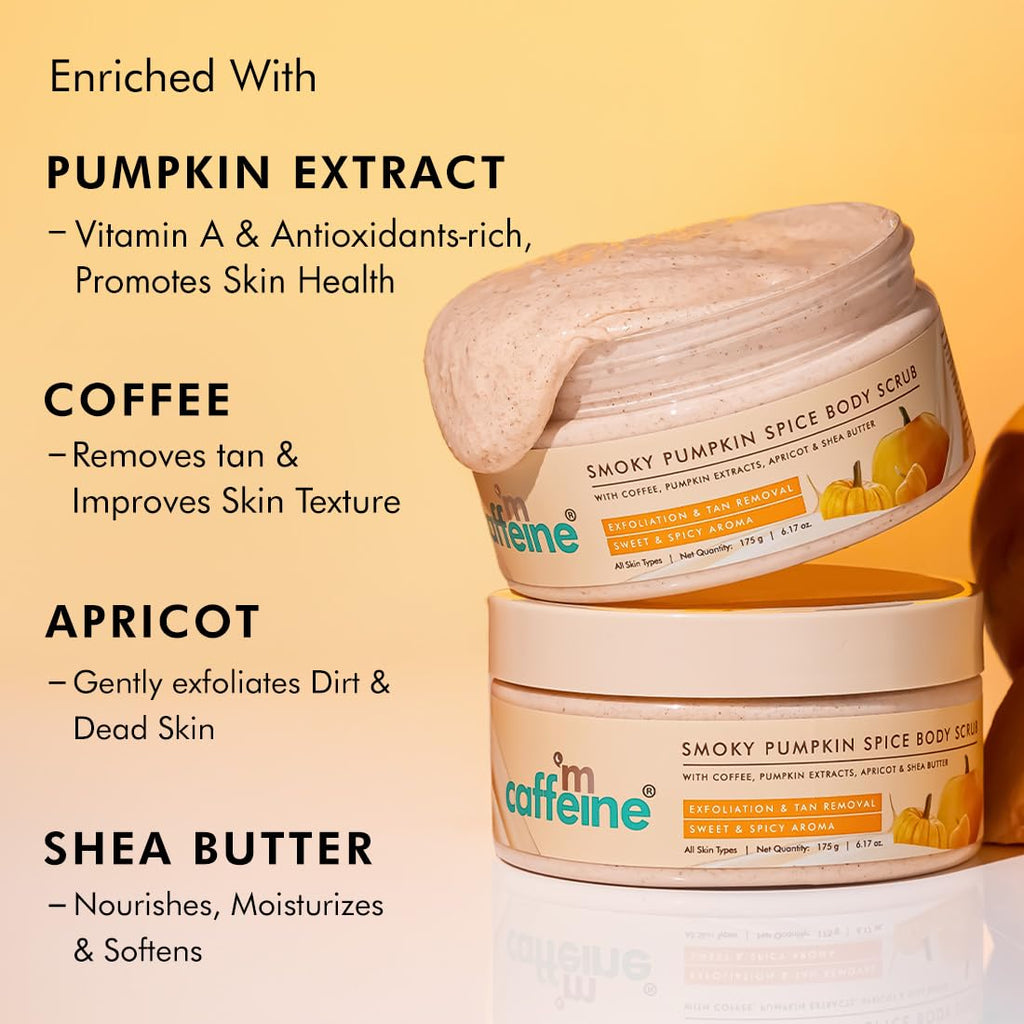mCaffeine Smoky Pumpkin Spice Body Scrub for Glowing Skin| Coffee, Pumpkin Extracts, Apricot & Shea Butter | Exfoliate, Remove Tan, Nourish, Moisturize | Sweet & Spicy Aroma for Men & Women - 175g