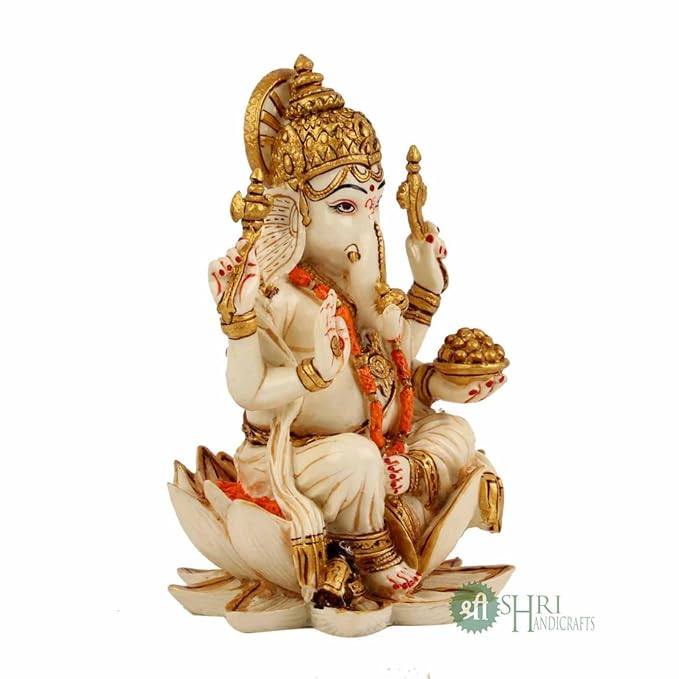 Indicast Resin 6.5" Inch Lord Ganesha Sitting on Lotus Fine Gold Painting Hindu God Ganesh Ganpati Idol Figurine