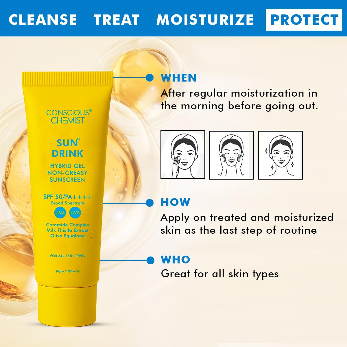 Conscious ChemistÂ® Dewy Ceramide Sunscreen SPF 50 PA++++ In-Vivo Tested | For Oily Skin | UVA/UVB & Blue Light Protection | Fragrance-Free | For Men & Women, All Skin Type - Sun Drink | 20g