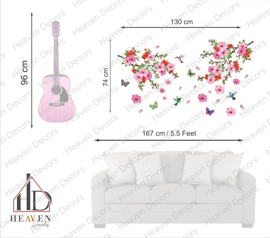 Heaven Decors Vinyl Branches with Flowers and Birds Flying Large Peel and Stick Wall Sticker Multicolour
