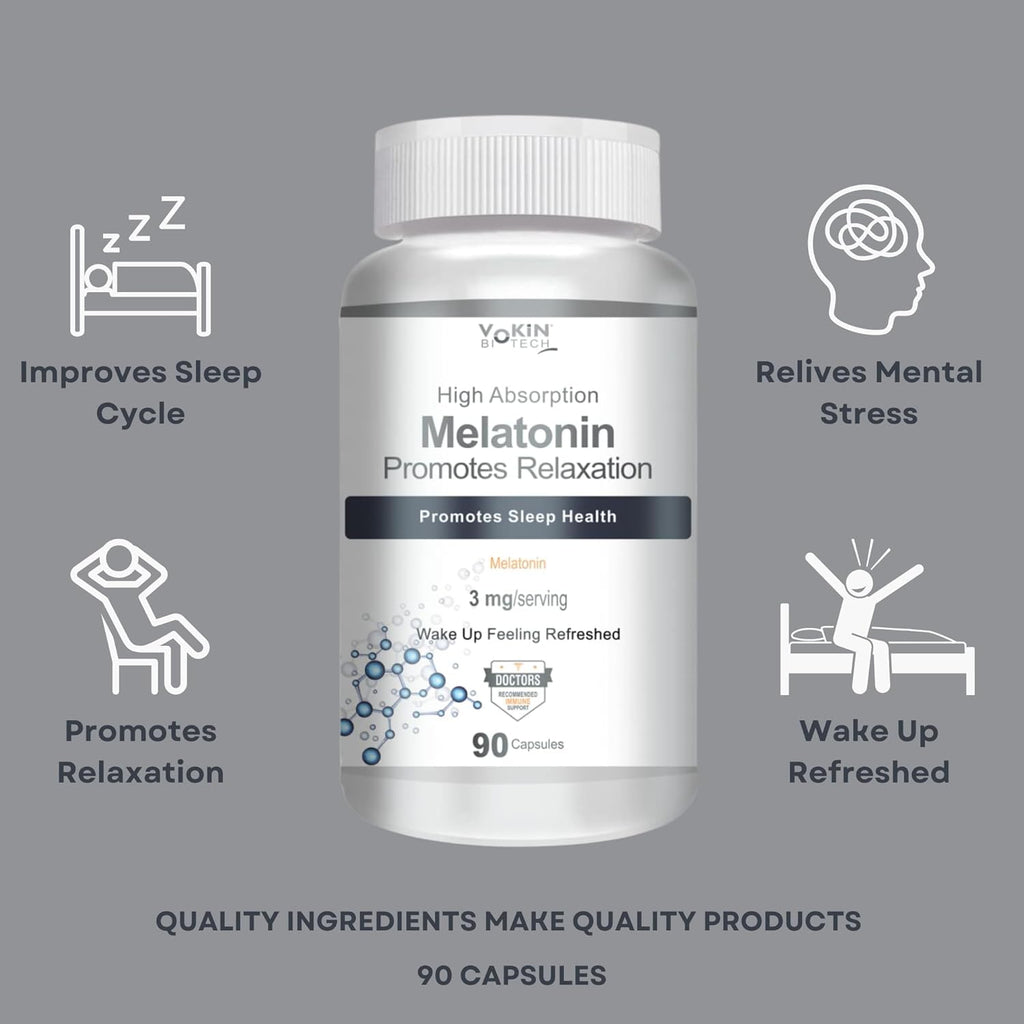 Vokin Biotech Melatonin 3mg Healthy Sleep Cycle | Helps Stress & Anxiety Relief | Improve Concentration 90 Capsules