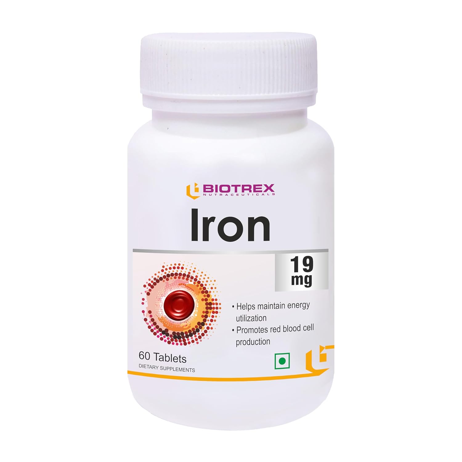 Biotrex Nutraceuticals Iron 19mg (As Ferrous fumarate) | Boosts immunity, Supports energy, Brain function & Muscle function | For Both Men & Women - 60 Tablets