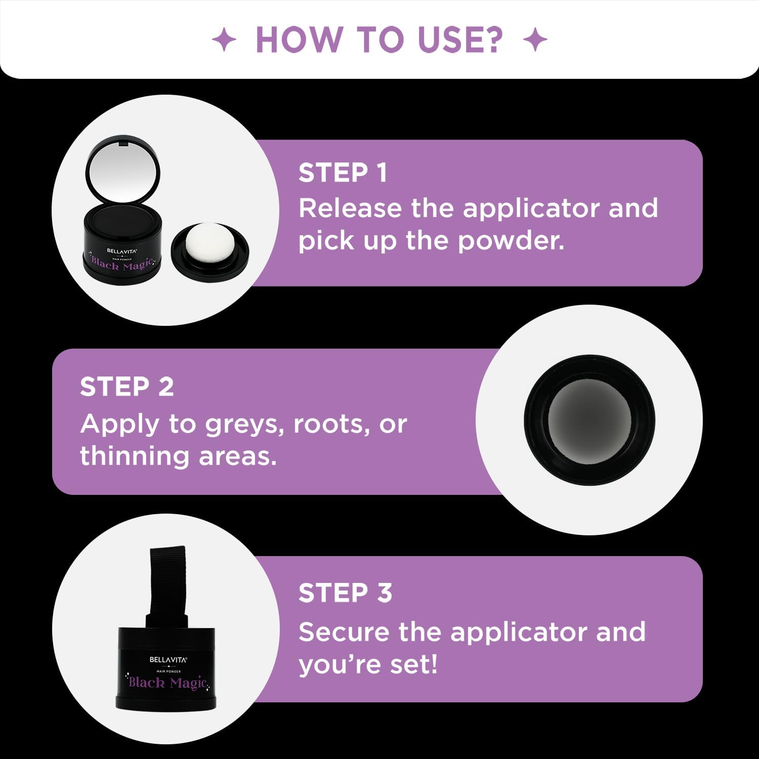 BELLAVITA Black Magic Hair Powder | Covers Grey Hair & Bald Spots Instantly | Root Touch Up | Sweat-Resistant & Long-Lasting Formula | Natural Looking Colour | 4g
