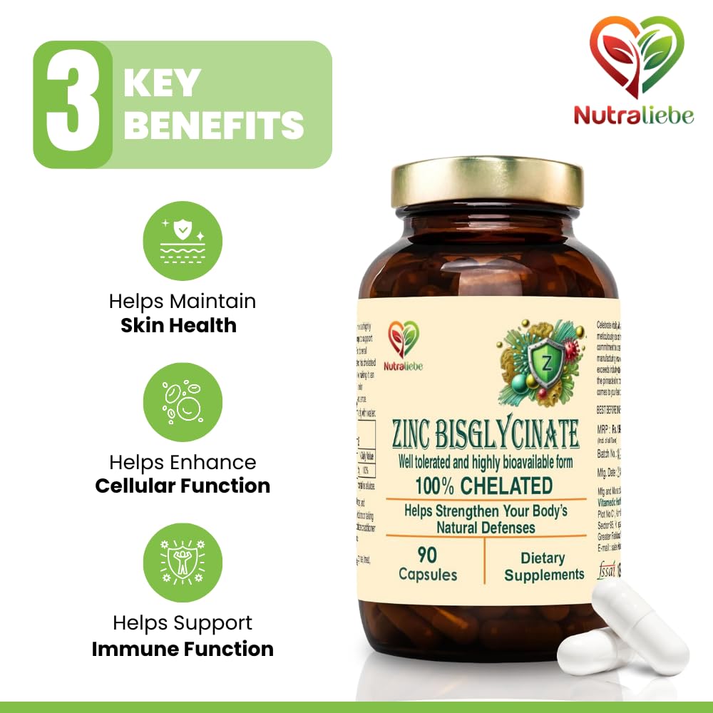Nutraliebe Zinc Bisglycinate â€“ High Absorption Zinc for Immune Support, Skin Health, and Cellular Function â€“ 90 Capsules