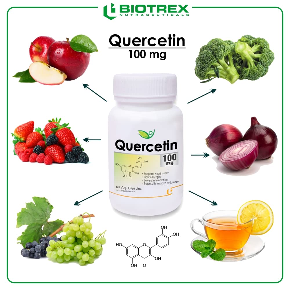 Biotrex Nutraceuticals Quercetin 100mg | Supports Energy, Brain & Heart Health | Antioxidant | Cardiovascular & Respiratory Health â€“ 60 Veg Capsules
