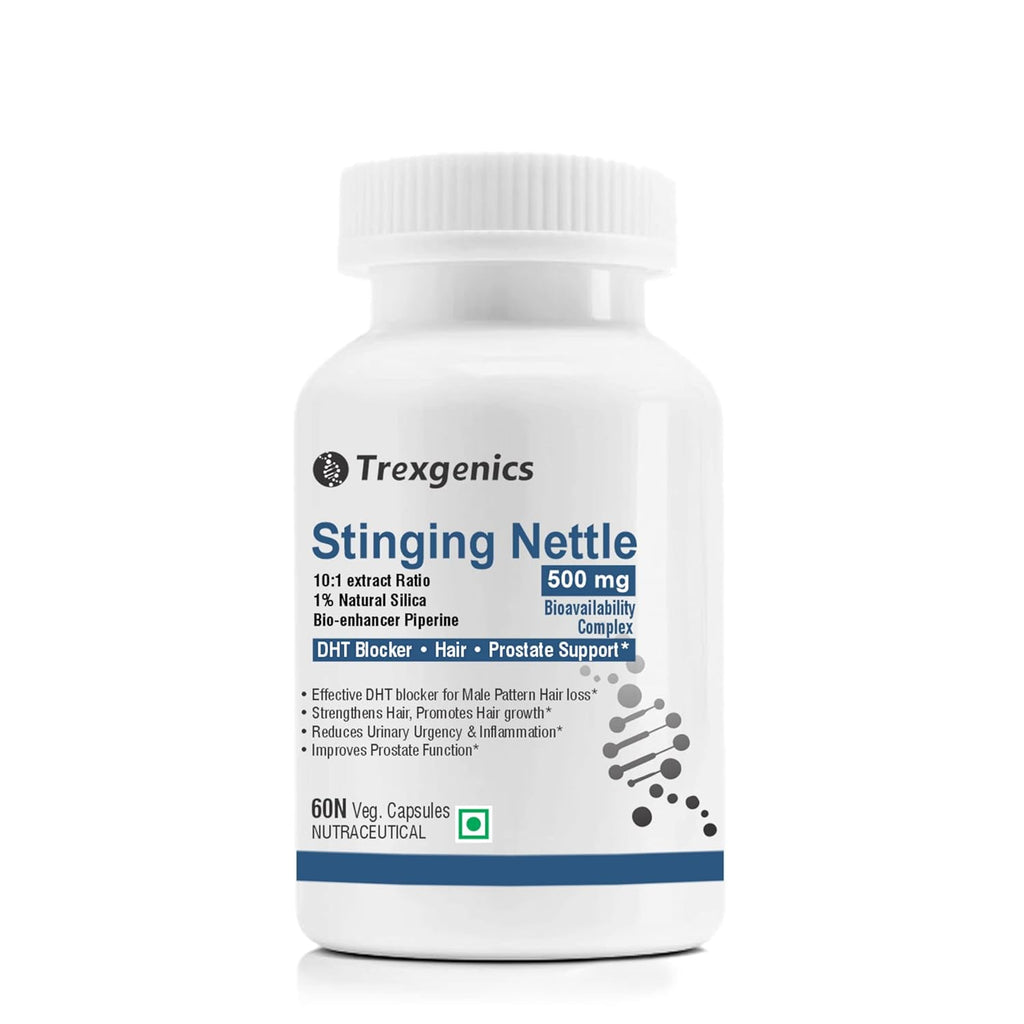 Trexgenics STINGING NETTLE (1% Natural Silica) 500mg with with Bio-enhancer Piperine 5mg DHT Blocker, Hair growth, Prostate Support (60 Veg capsules)