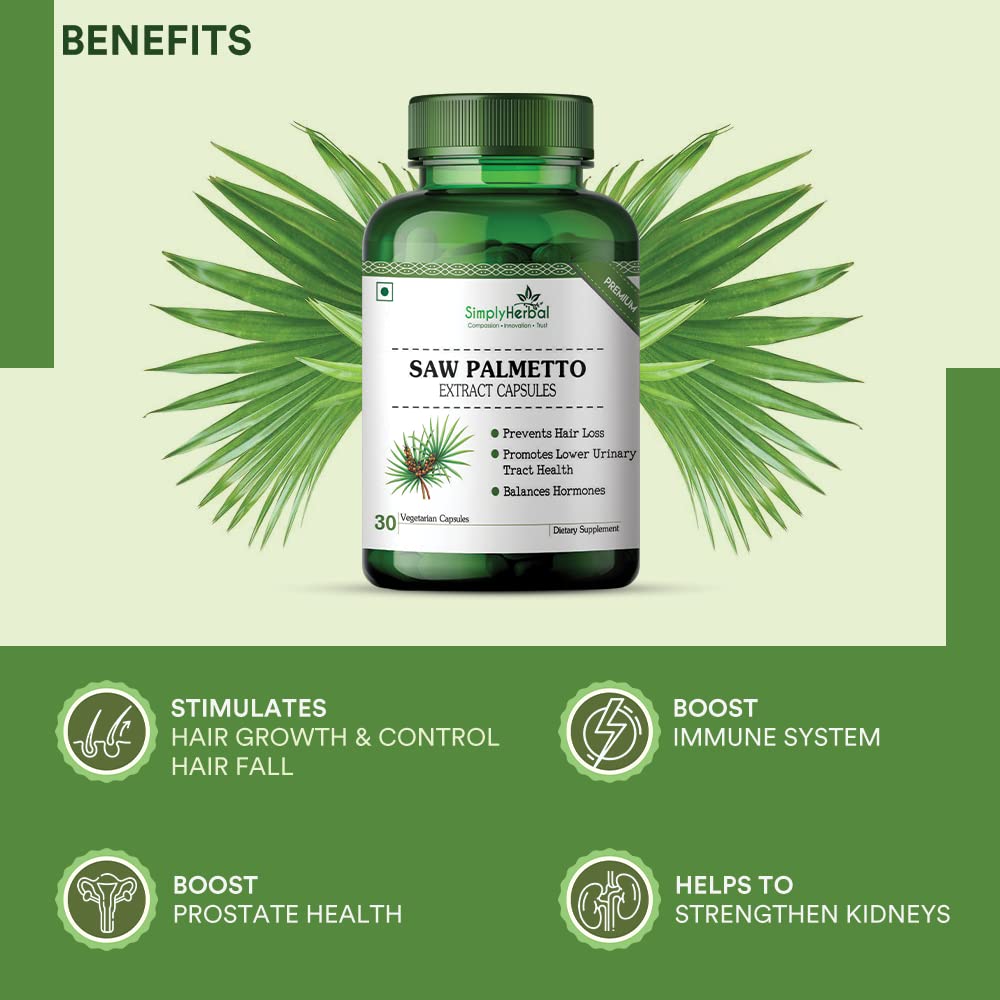 Simply Herbal Saw Palmetto Extract 1000mg â€“ 30 Veg Capsules | Herbal Supplement for Prostate Health & Hair Wellness | For Men & Women