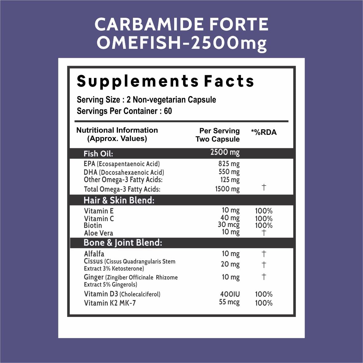 Carbamide Forte Fish Oil 2500mg- 60 Capsules| (Omega 3 1500mg; 900 mg EPA and 600mg DHA Per Serving) Capsule For Men & Women with Biotin, Vitamin D, Vitamin K2-MK7, 480 grams