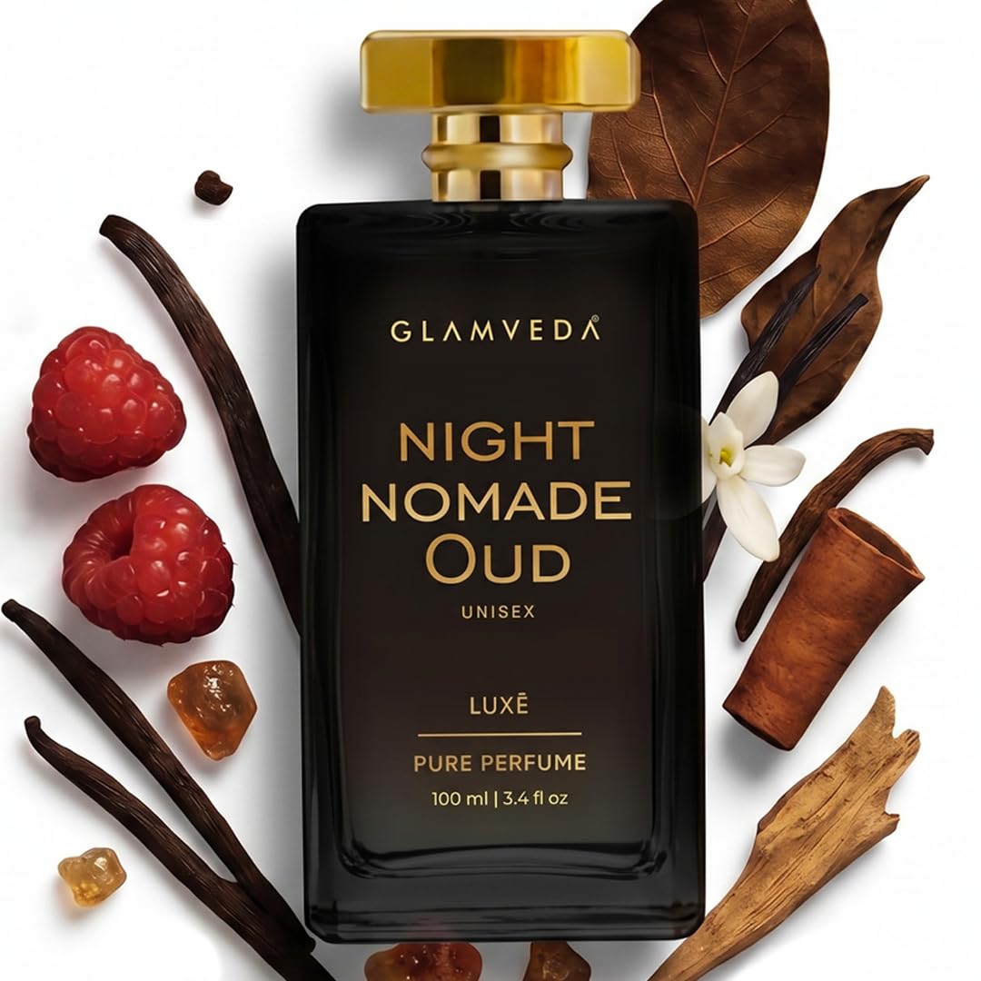 Glamveda Night Nomade Oud Unisex Pure Perfume 100ml | Luxury Long Lasting | Perfume for Man & Woman | with Raspberry, Spicy, Ambergris, Oud and Vanilla | Premium Fragrance