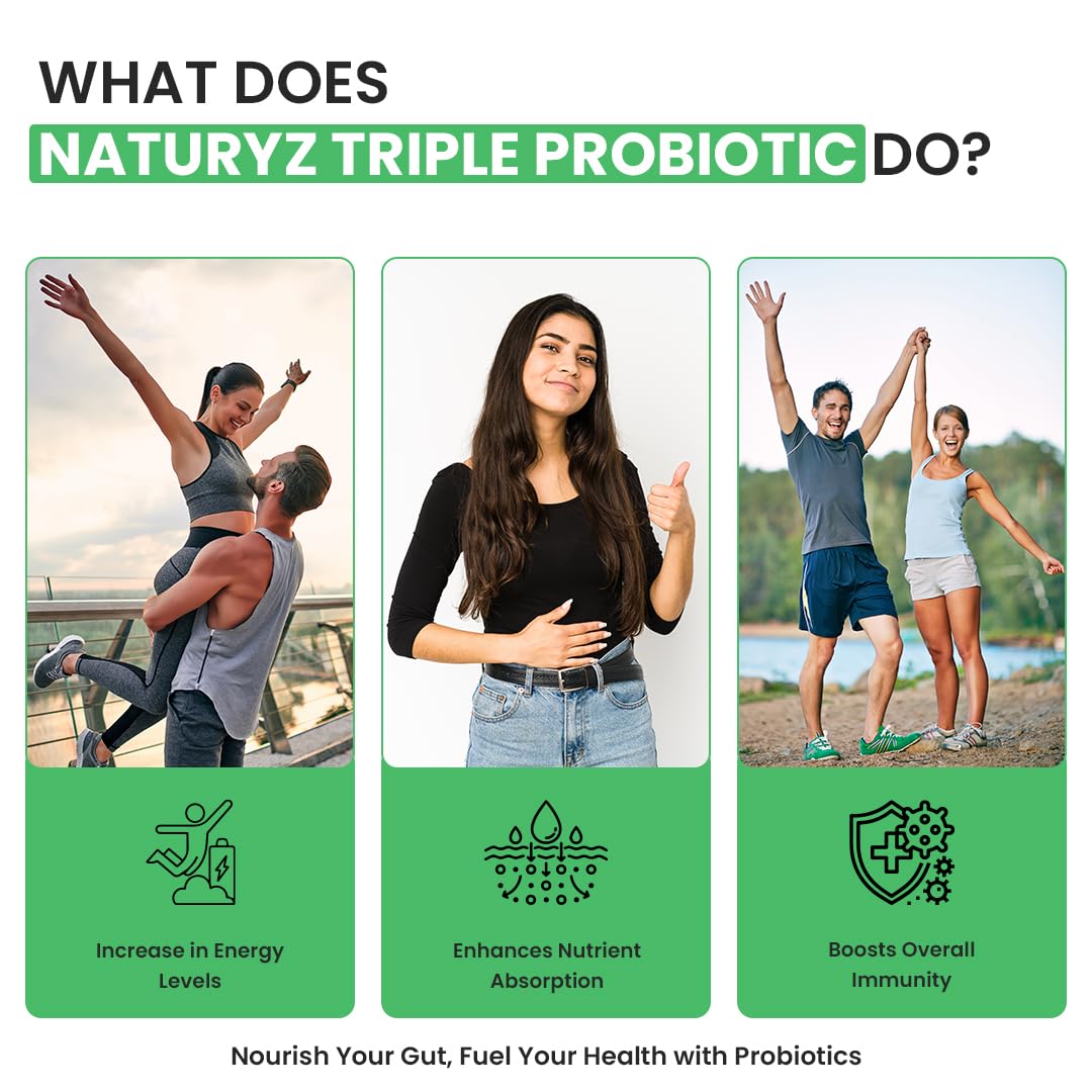 NATURYZ Triple Strength Probiotic 50 Billion CFU with Prebiotic 600 mg Chicory Root | 22 Nutrients for Gut Health | Supports Digestion, Constipation, Diarrhea, Gas & Bloating | No Refrigeration | 50 Tablets
