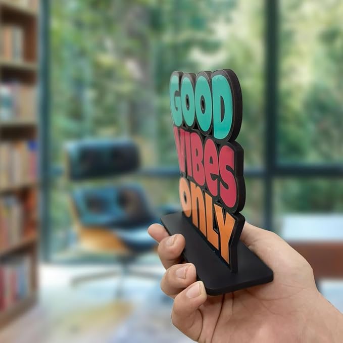 Artvibes Wooden Idols and Figurine Good Vibes Only Motivational Quotes Table Decoration for Office Desk | Home Decor Item