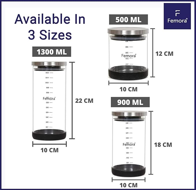 Femora Storage Jars Borosilicate Glass With Silicon Bottom Air Tight Jar With Steel Lid | 1300 Ml | Pack of 1