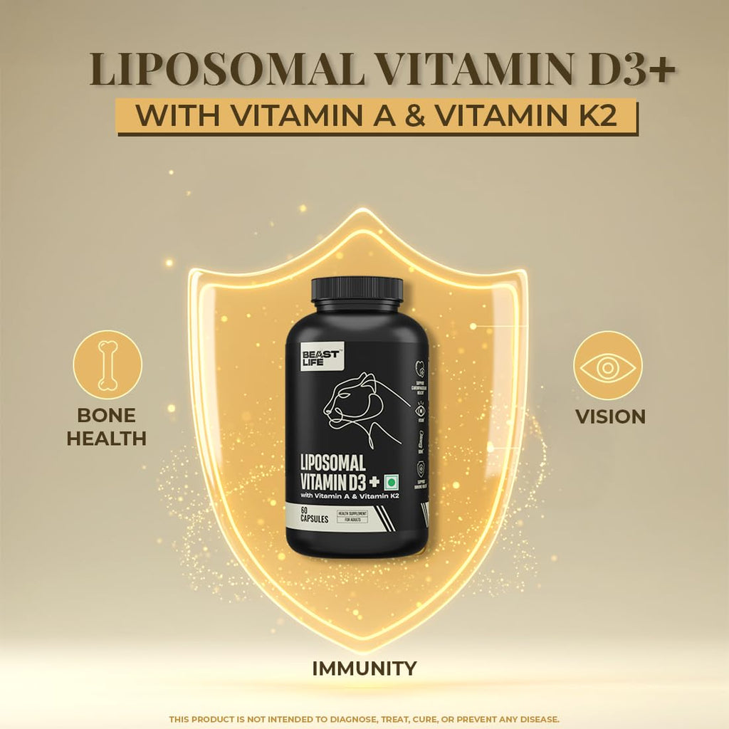 BeastLife Liposomal Vitamin D3 Plus with Vitamin A & Vitamin K2 | for Immune Support, Bone Health & Absorption | Skin Support | Calcium Utilization & Arterial Health |Max Bioavailability | 60 Capsules
