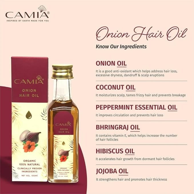 Camia Organic Onion Hair Oil with 5 Natural Hair Growth Boosters - 100 ml