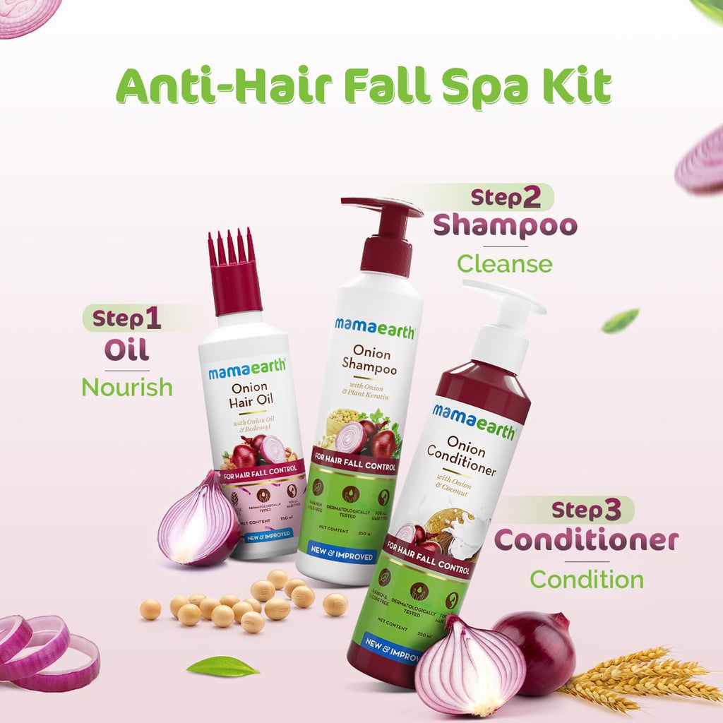 Mamaearth Anti Hair Fall Spa Range Hair Care Set: Onion Shampoo 250 ml + Onion Conditioner 250 ml + Onion Hair Oil 150 ml