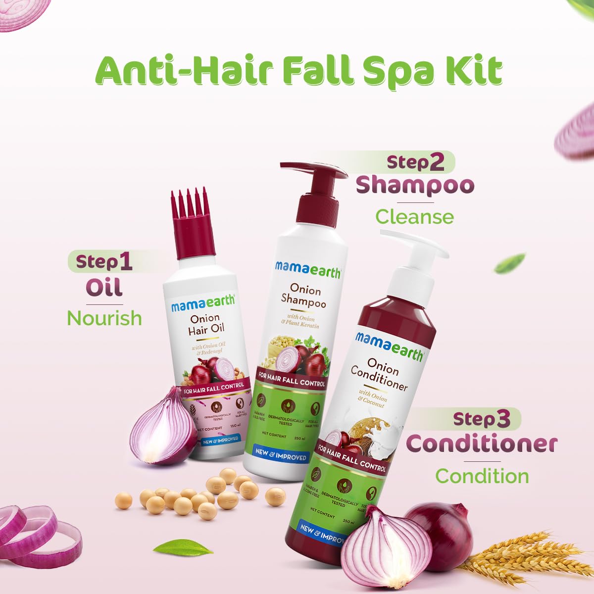 Mamaearth Anti Hair Fall Spa Range Hair Care Set: Onion Shampoo 250 ml + Onion Conditioner 250 ml + Onion Hair Oil 150 ml