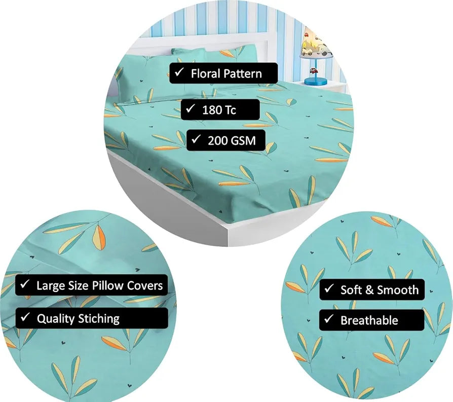 Homekart Premium Cotton Elastic Fitted Bedsheets with 2 King Size Pillow Covers Double Bed with Floral Pattren Aqua Blue 200 tc - 220 tc
