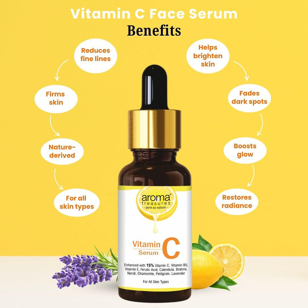 Aroma Treasures Vitamin C Face Serum for Glowing Skin with 15% Vitamin C, Ferulic Acid, Aloe Vera & Essential Oils – Brightens, Hydrates & Reduces Dark Spots – For All Skin Types – 30ml