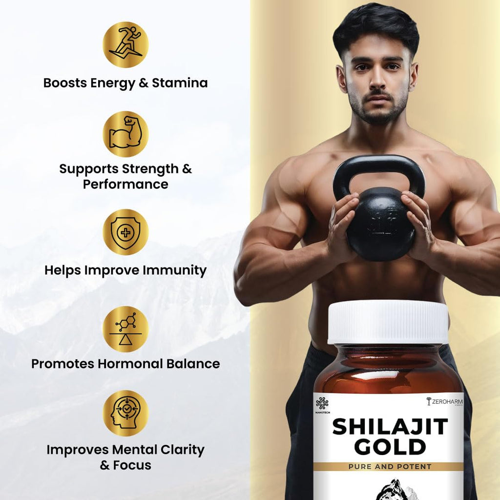 ZEROHARM Nano Shilajit Gold Capsules | Pure Himalayan Shilajit 500mg | Fulvic & Humic Acid | Supports Natural Energy, Stamina & Muscle Growth | Boosts Testosterone Levels for Men | 60 Capsules