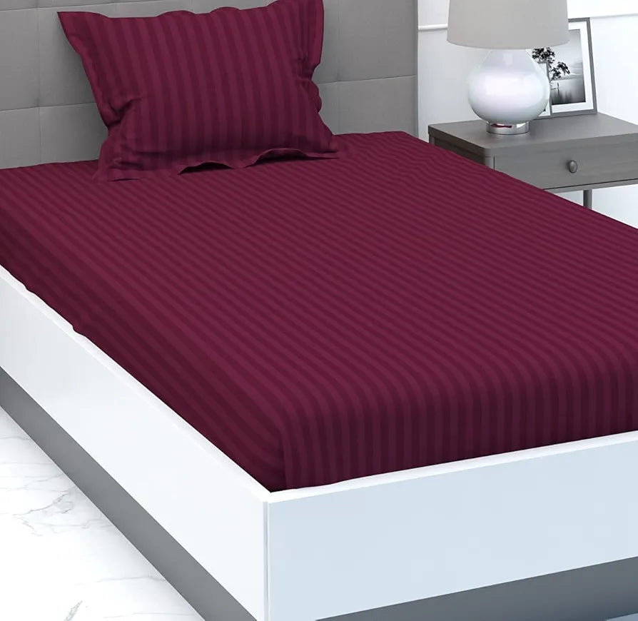 Purav Light Microfiber Flat Single Bed Bedsheet Plain Striped Cotton Bedsheet with 1 Pillow Cover for Queen Size Bed 340 TC Breathable Wine Color