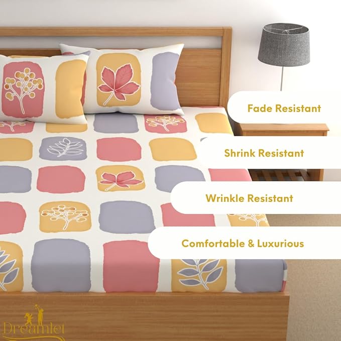 Dreamlet All Around Elastic Supersoft 210tc Premium Cotton Elastic Fitted Bedsheets With 2 King Size Pillow Covers | Yellow and Pink