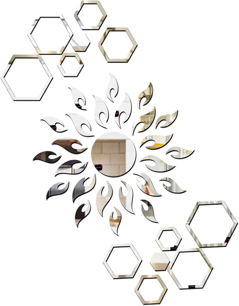 Bikri Kendra Ind Sun with 12 Hexagon Rings Silver Mirror Stickers for Wall Acrylic Sticker for Wall