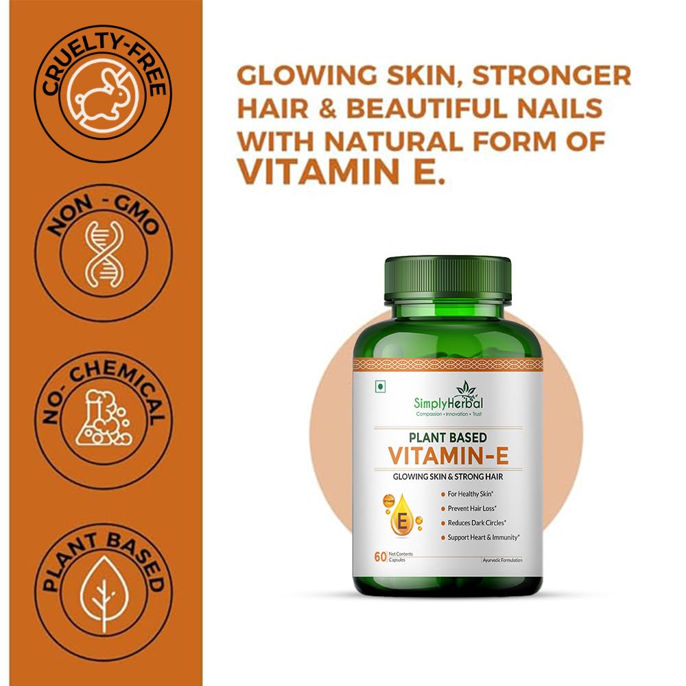 Simply Herbal Plant Based Vitamin E 10mg Capsules for Glowing Skin and Strong Hair | Vitamin E - 60 Capsules