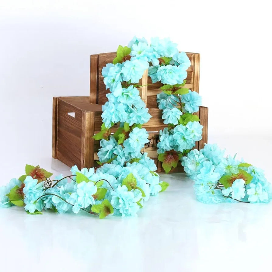 Artificial Cherry Blossom Rattan Flowers Vine Sky Blue