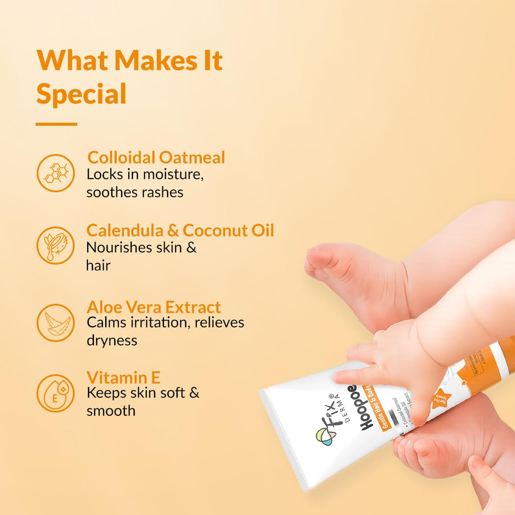 Fixderma Hoopoe Gentle Hair & Body Wash for Kids with Colloidal oatmeal, Aloe Vera Gel Extract, Calendula & Coconut Oil|Top to Toe wash for Baby | Tear Free Formula | Dermatologist Tested (100 Ml)