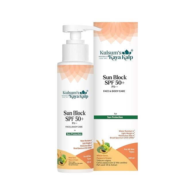 Kulsum's Kaya Kalp Herbals Sun Block SPF 50+ With Wheat Germ Papaya & Grapes - 100 ml