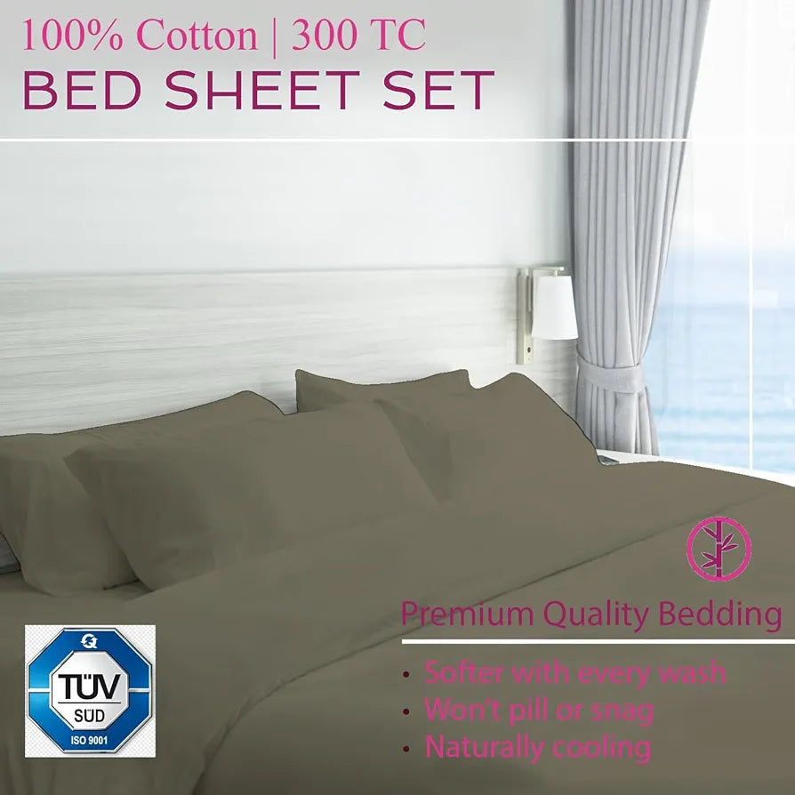 Trance Home Linen Premium 300 TC Pure 100% Cotton King Fitted Bedsheet with 2 Pillow Solid Covers Colour Mocha