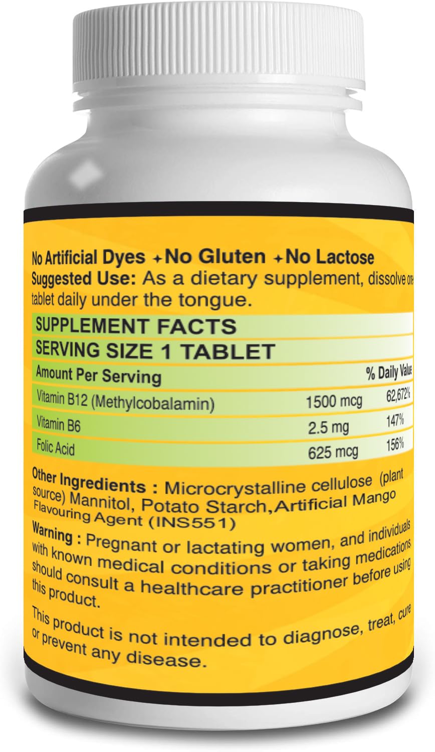 VITARUHEÂ® Vitamin B12 High Dose+ B6/Folic Acid, 365 Tablets Methylcobalamin & Sublingual for Maximum Effects, Vegan, 365 Tablets for 1 year Mango Flavour